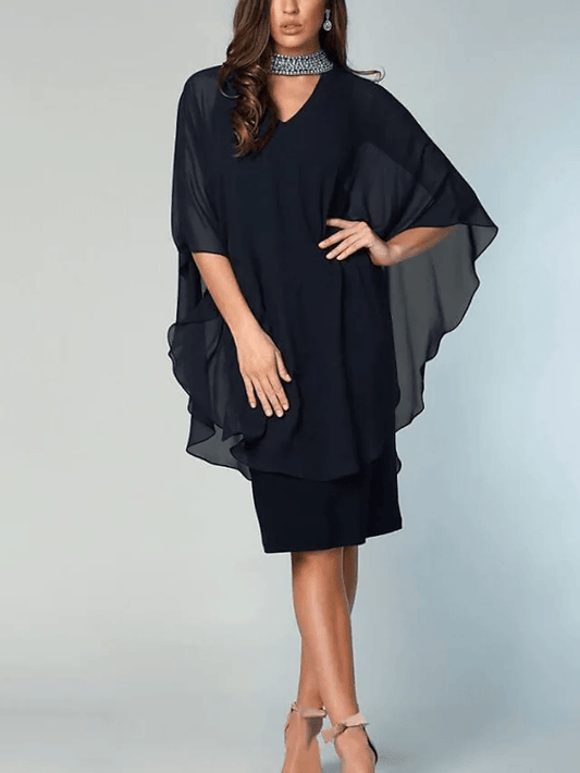 Sheath / Column Mother of the Bride Dress Elegant High Neck Knee Length Chiffon Half Sleeve with Crystals - RongMoon