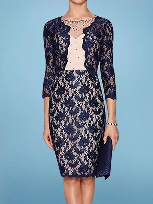 Two Piece Sheath / Column Mother of the Bride Dress Elegant Illusion Neck Knee Length Lace Satin 3/4 Length Sleeve with Beading - RongMoon