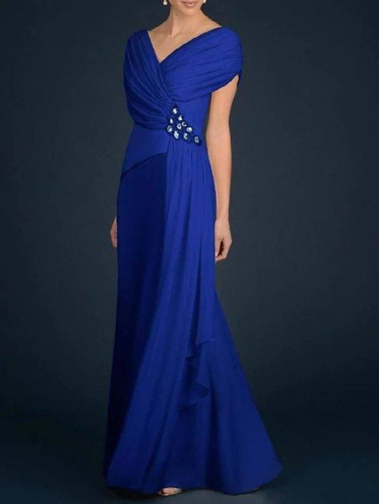 A-Line Mother of the Bride Dress Elegant V Neck Knee Length Chiffon Sleeveless with Pleats Ruching - RongMoon