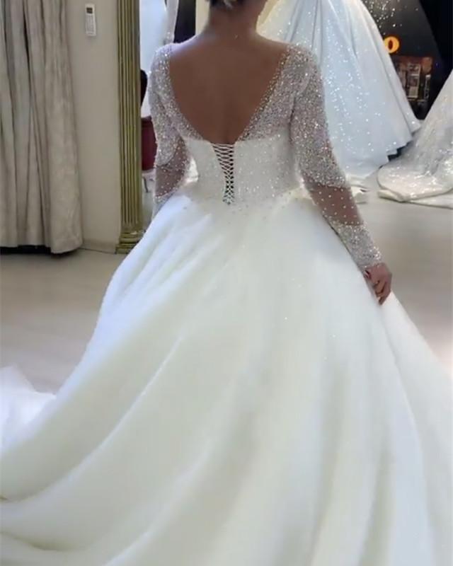 V Neck Tulle Princess Ball Gown Wedding Dress Long Sleeves Sequins Beaded