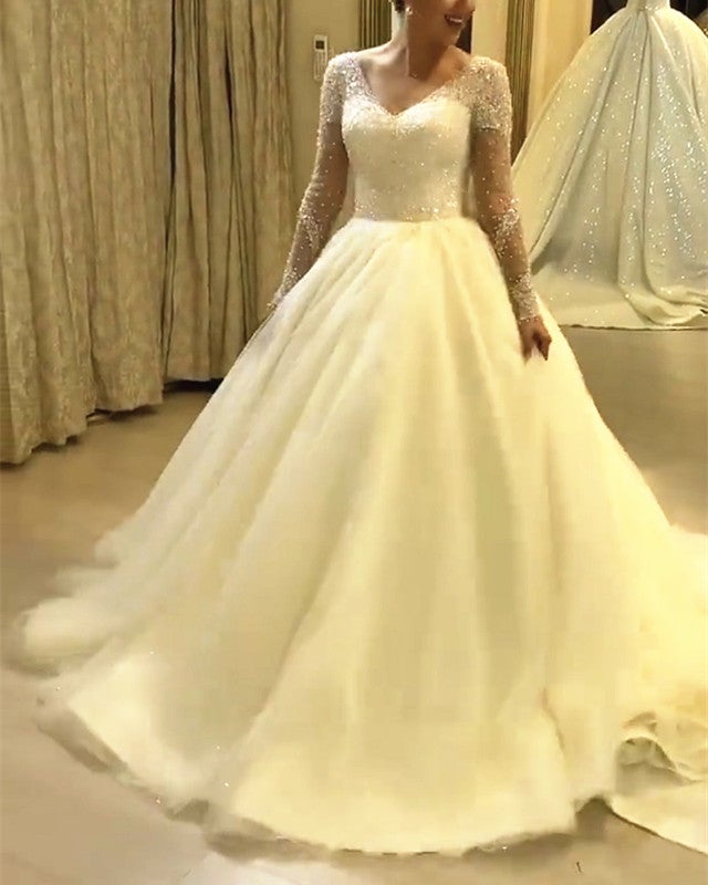 V Neck Tulle Princess Ball Gown Wedding Dress Long Sleeves Sequins Beaded