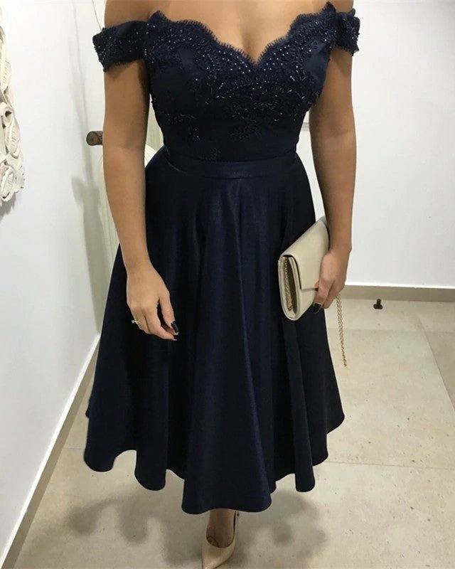 Tea Length Bridesmaid Dresses Lace Appliques Off Shoulder - RongMoon