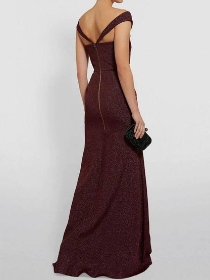 Mermaid / Trumpet Mother of the Bride Dress Sexy Off Shoulder Floor Length Polyester Short Sleeve with Criss Cross Split Front - RongMoon