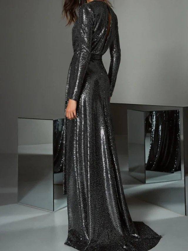 A-Line Beautiful Back Sparkle Party Wear Prom Dress V Neck Long Sleeve Sweep / Brush Train Sequined with Sequin Split - RongMoon