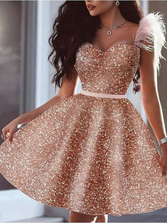 A-Line Glittering Sexy Homecoming Cocktail Party Dress Sweetheart Neckline Sleeveless Short / Mini Sequined with Feather Sequin - RongMoon