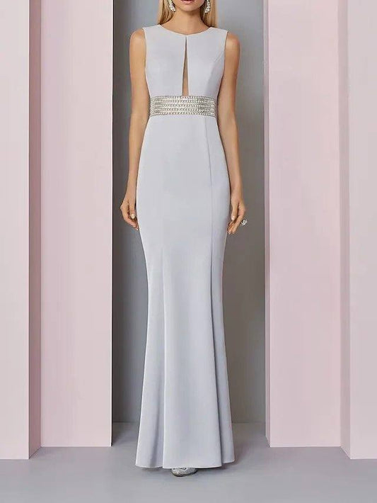 Sheath / Column Mother of the Bride Dress Elegant Jewel Neck Floor Length Stretch Fabric Sleeveless with Sash / Ribbon Sequin - RongMoon