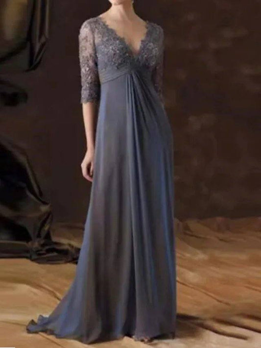 A-Line Mother of the Bride Dress Elegant V Neck Sweep / Brush Train Chiffon Lace Half Sleeve with Pleats Draping - RongMoon