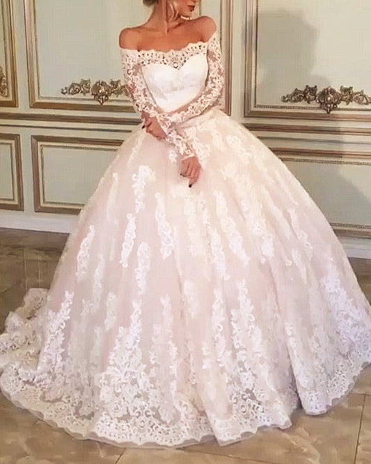 Vintage Lace Long Sleeves Wedding Ball Gown Dresses Off Shoulder