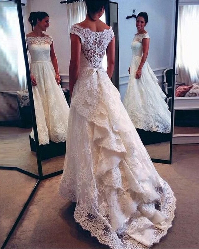 Vintage Scoop Neckline Lace Wedding Dresses Bustle Style Bridal Gowns