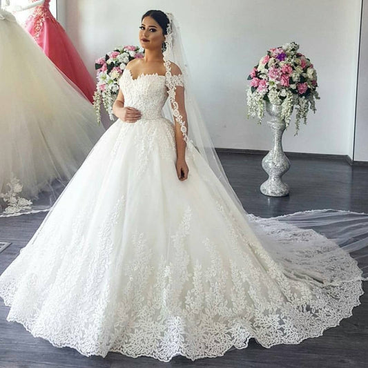 Vintage V-neck Off The Shoulder Lace Wedding Ball Gown Dresses