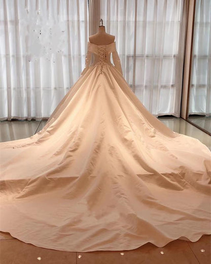 Vintage Wedding Dress Satin Long Sleeves Ball Gown Off Shoulder