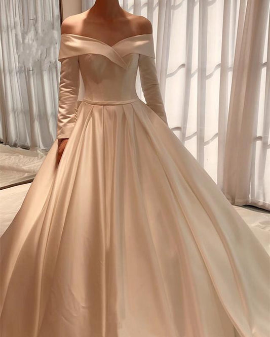 Vintage Wedding Dress Satin Long Sleeves Ball Gown Off Shoulder