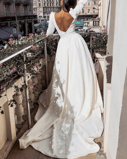 Vintage Wedding Gowns Satin Long Sleeves Bridal Dress