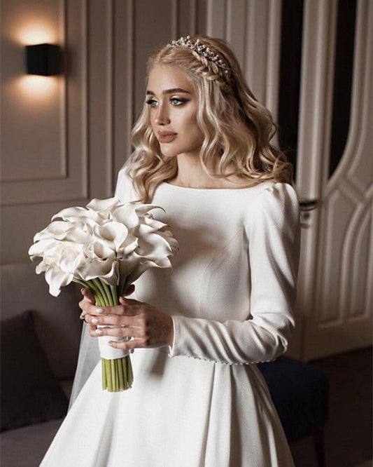 Vintage Wedding Gowns Satin Long Sleeves Bridal Dress