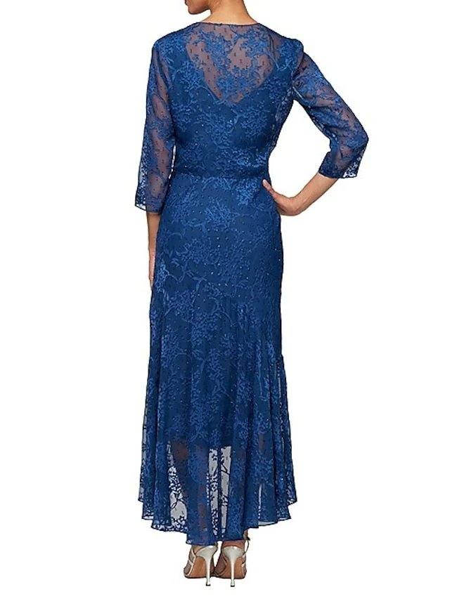 A-Line Mother of the Bride Dress Sexy V Neck Asymmetrical Lace 3/4 Length Sleeve with Pleats - RongMoon