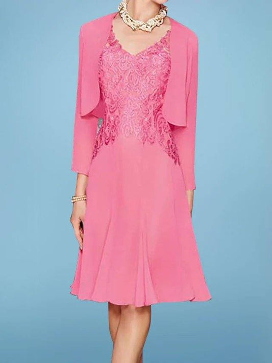 Two Piece A-Line Mother of the Bride Dress Elegant V Neck Knee Length Chiffon Lace 3/4 Length Sleeve with Pleats Appliques - RongMoon