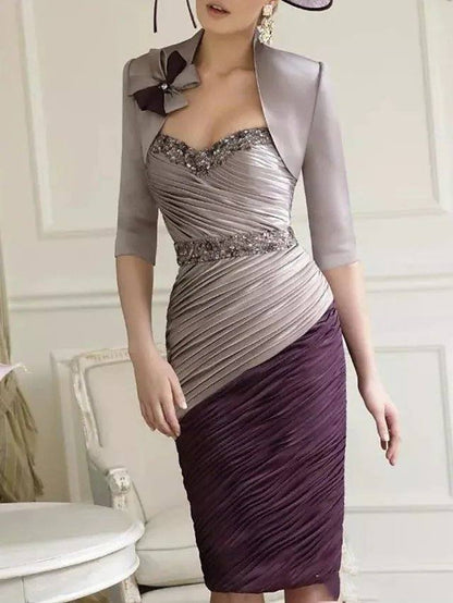 Sheath / Column Mother of the Bride Dress Sexy Sweetheart Neckline Knee Length Polyester Half Sleeve with Bow(s) Sequin Ruching - RongMoon