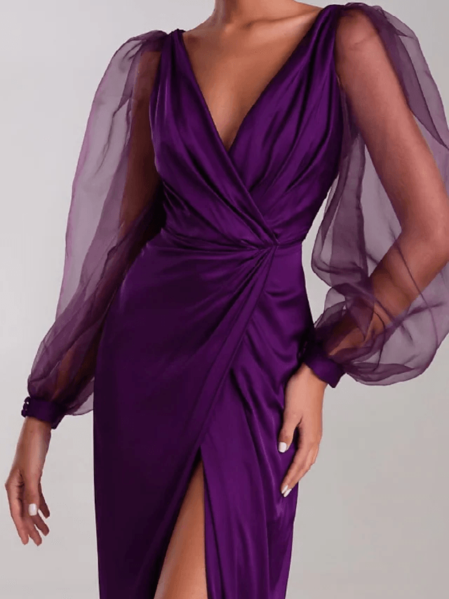 Sheath / Column Minimalist Sexy Wedding Guest Formal Evening Dress V Neck Long Sleeve Floor Length Charmeuse with Pleats Split - RongMoon