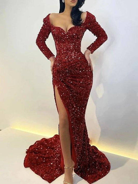 Mermaid / Trumpet Sparkle Sexy Wedding Guest Formal Evening Dress Scoop Neck Long Sleeve Sweep / Brush Train Sequined with Sequin Split - RongMoon