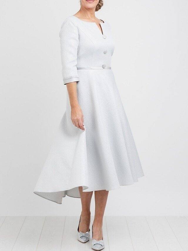 A-Line Mother of the Bride Dress Elegant Off Shoulder Tea Length Satin Half Sleeve with Pleats - RongMoon