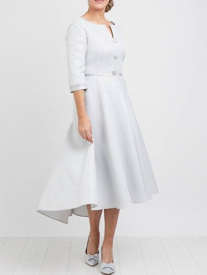 A-Line Mother of the Bride Dress Elegant Off Shoulder Tea Length Satin Half Sleeve with Pleats - RongMoon