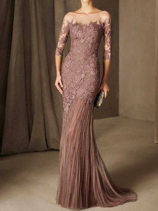 Mermaid / Trumpet Elegant Floral Engagement Formal Evening Dress Illusion Neck 3/4 Length Sleeve Sweep / Brush Train Chiffon with Lace Insert - RongMoon