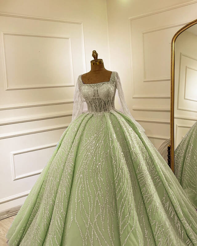 Sage Tulle Ball Gown With Sequin Pattern
