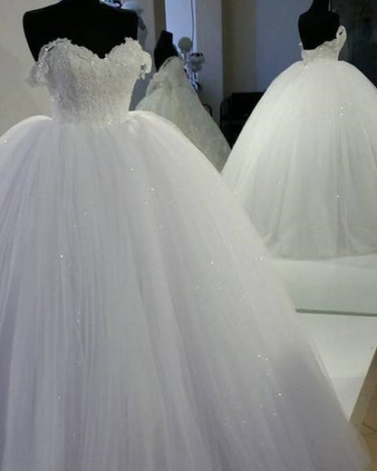 White Lace Off Shoulder Tulle Wedding Dresses Ball Gowns