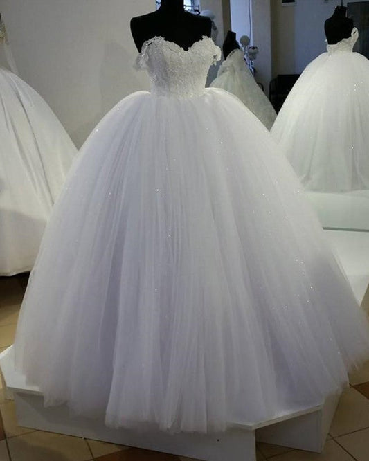 White Lace Off Shoulder Tulle Wedding Dresses Ball Gowns