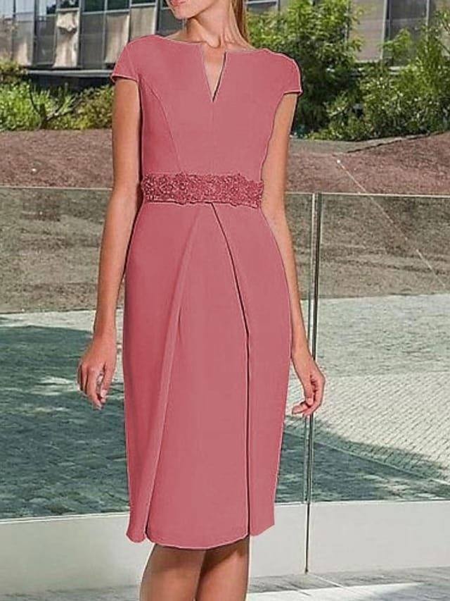 Sheath / Column Mother of the Bride Dress Elegant Jewel Neck Knee Length Satin Short Sleeve with Sash / Ribbon Beading - RongMoon
