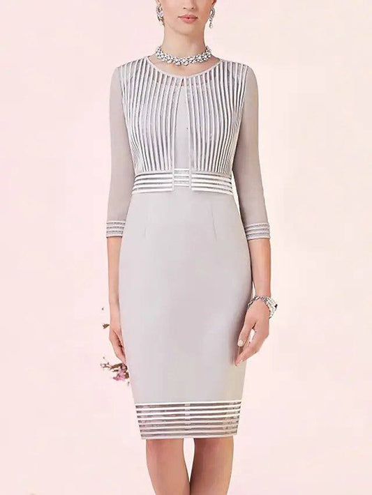 Two Piece Sheath / Column Mother of the Bride Dress Elegant Jewel Neck Knee Length Satin 3/4 Length Sleeve with Pleats - RongMoon