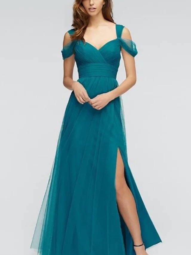 A-Line V Neck Floor Length Tulle Bridesmaid Dress with Split Front - RongMoon