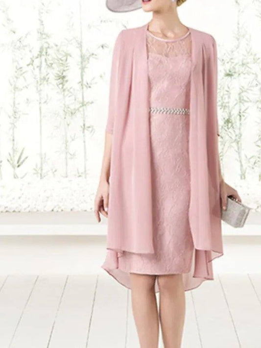 Sheath / Column Mother of the Bride Dress Elegant Jewel Neck Knee Length Chiffon Lace Half Sleeve with Sash / Ribbon - RongMoon