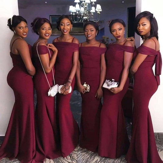 Sexy Off The Shoulder Long Burgundy Mermaid Bridesmaid Dresses - RongMoon