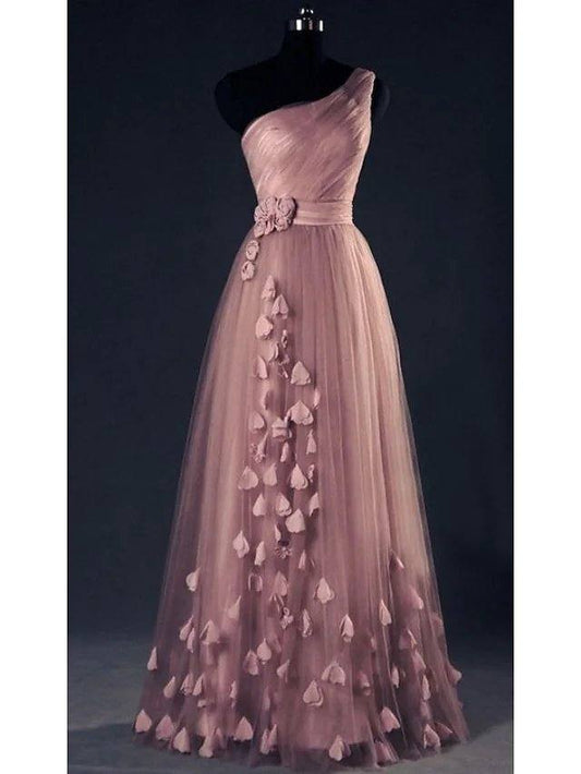A-Line Elegant Floral Wedding Guest Prom Dress One Shoulder Sleeveless Floor Length Tulle with Appliques - RongMoon