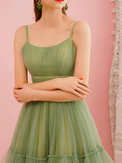 A-Line Spring Cocktail Party Prom Dress Spaghetti Strap Sleeveless Tea Length Satin Tulle with Pleats Ruched - RongMoon