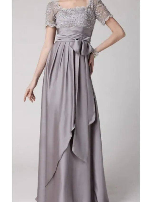A-Line Mother of the Bride Dress Elegant Square Neck Floor Length Lace Charmeuse Short Sleeve with Lace Sash / Ribbon Beading - RongMoon