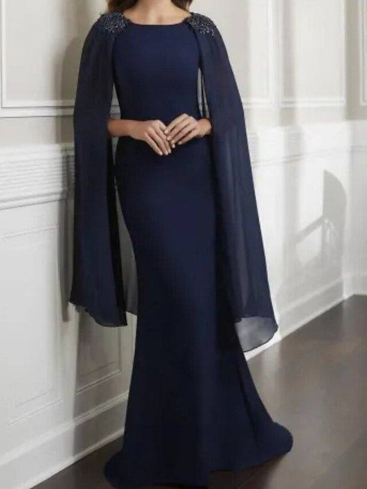 Mermaid / Trumpet Mother of the Bride Dress Elegant Jewel Neck Floor Length Chiffon Short Sleeve with Beading - RongMoon