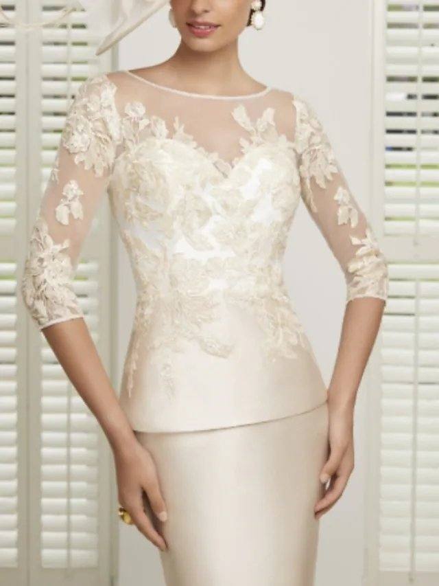 Sheath / Column Mother of the Bride Dress Elegant Sexy Illusion Neck Knee Length Satin Tulle 3/4 Length Sleeve with Appliques - RongMoon