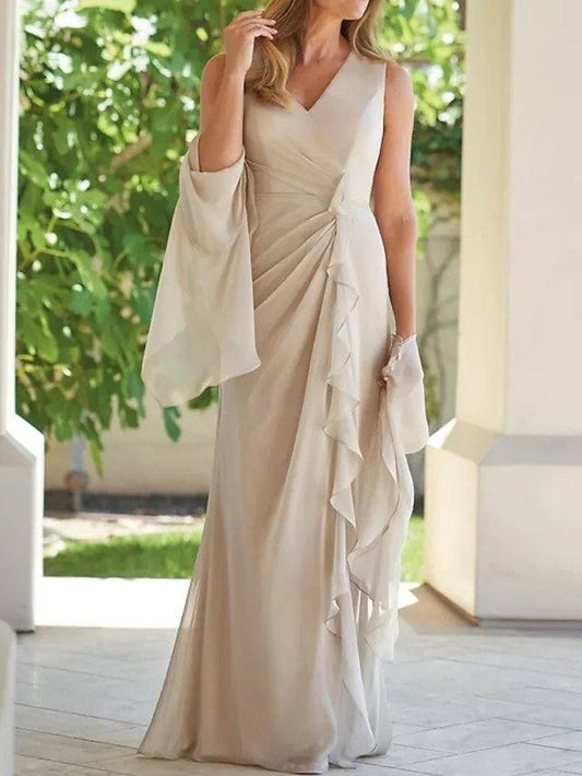 Sheath / Column Mother of the Bride Dress Elegant Plunging Neck Floor Length Chiffon Sleeveless with Ruffles Ruching - RongMoon
