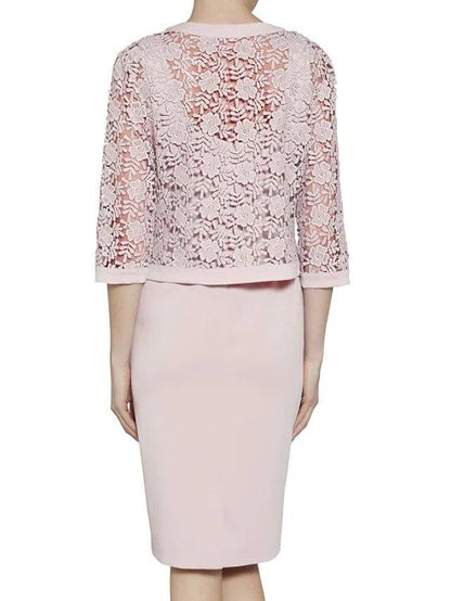 Two Piece Sheath / Column Mother of the Bride Dress Elegant Scoop Neck Knee Length Lace Satin 3/4 Length Sleeve with Appliques - RongMoon