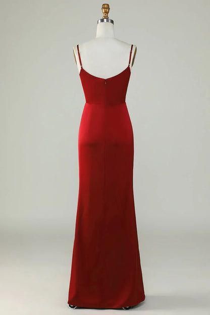 Thin shoulder strap wine red front slit long bridesmaid dress