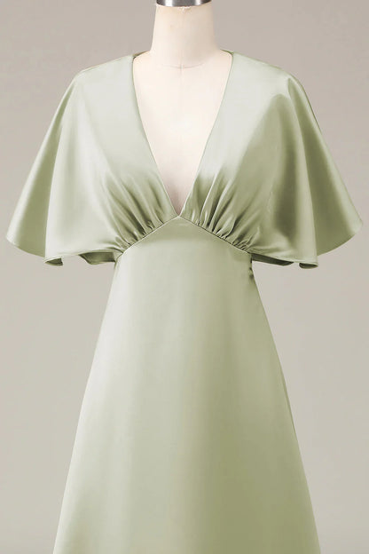 A-line V-neck short sleeved satin bridesmaid dress