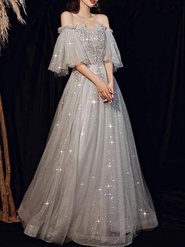 A-Line Glittering Elegant Engagement Formal Evening Dress Off Shoulder Half Sleeve Floor Length Tulle with Pleats Beading Sequin - RongMoon