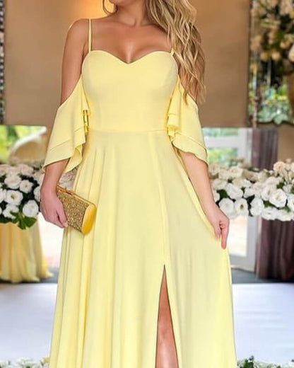 Yellow Chiffon Cold Shoulder Bridesmaid Dresses