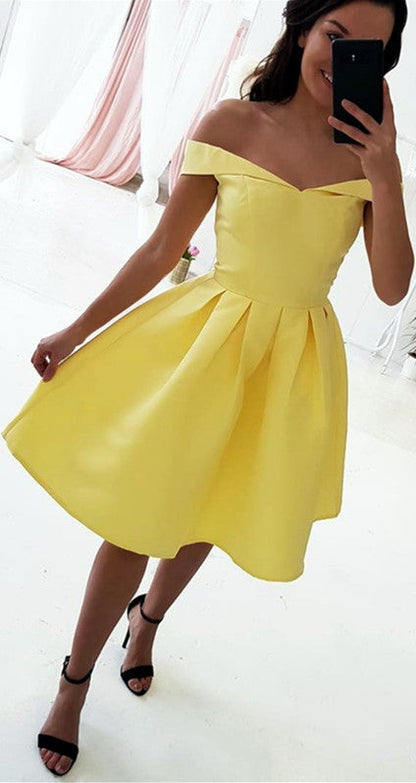 Yellow Satin V-neck Off Shoulder Prom Dresses Short Homecoming Dresses