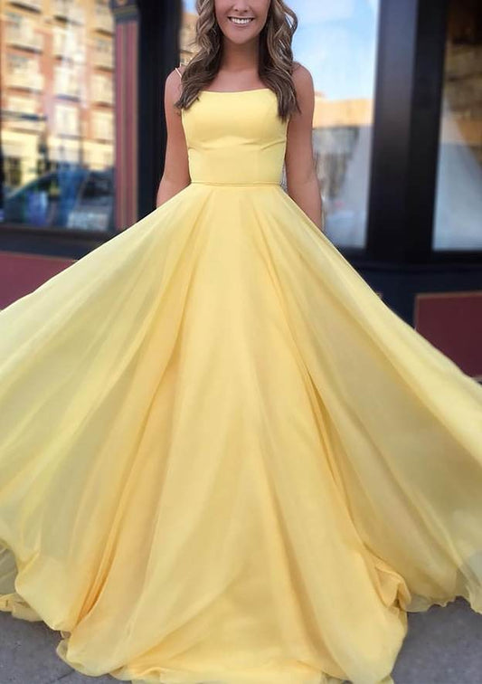 Yellow A-line Spaghetti Straps Chiffon Prom Dress with Sweep Train