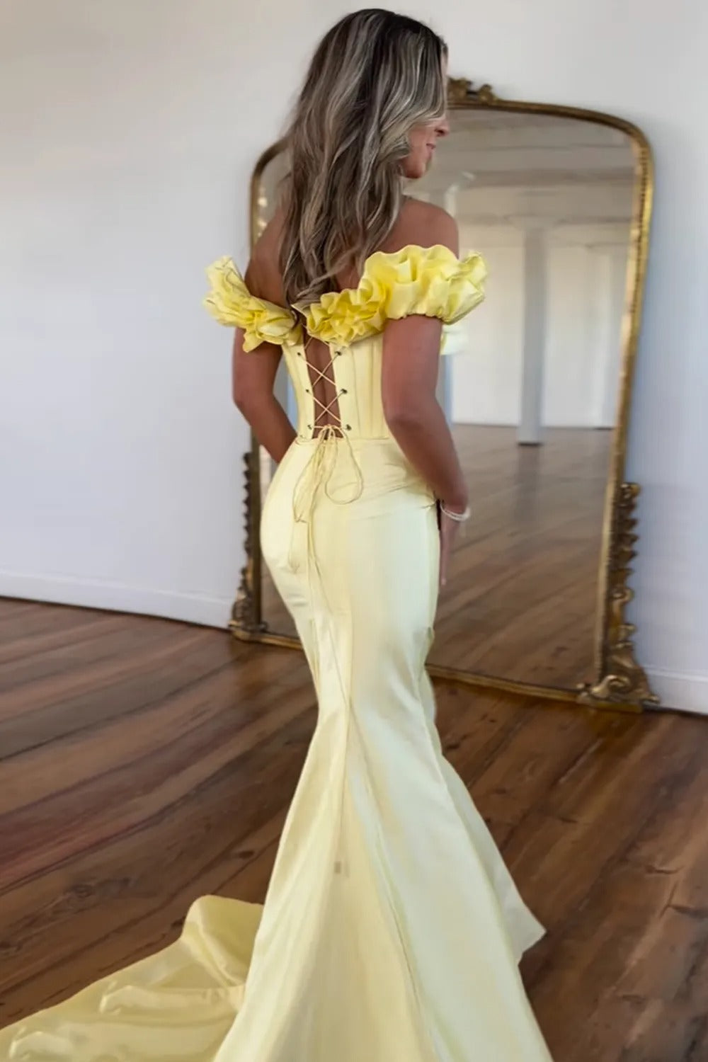 Yellow Mermaid Strapless Corset Long Prom Dress with Ruffles