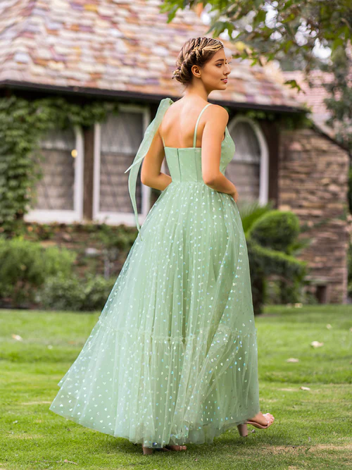 Aimishang Elegant Evening Dress V-neck Dotted Floor Length Tulle Prom Dress