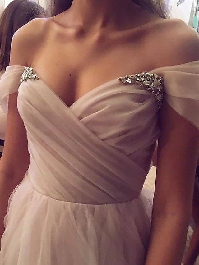A-Line Minimalist Elegant Engagement Formal Evening Dress Off Shoulder Sleeveless Sweep / Brush Train Tulle with Pleats - RongMoon